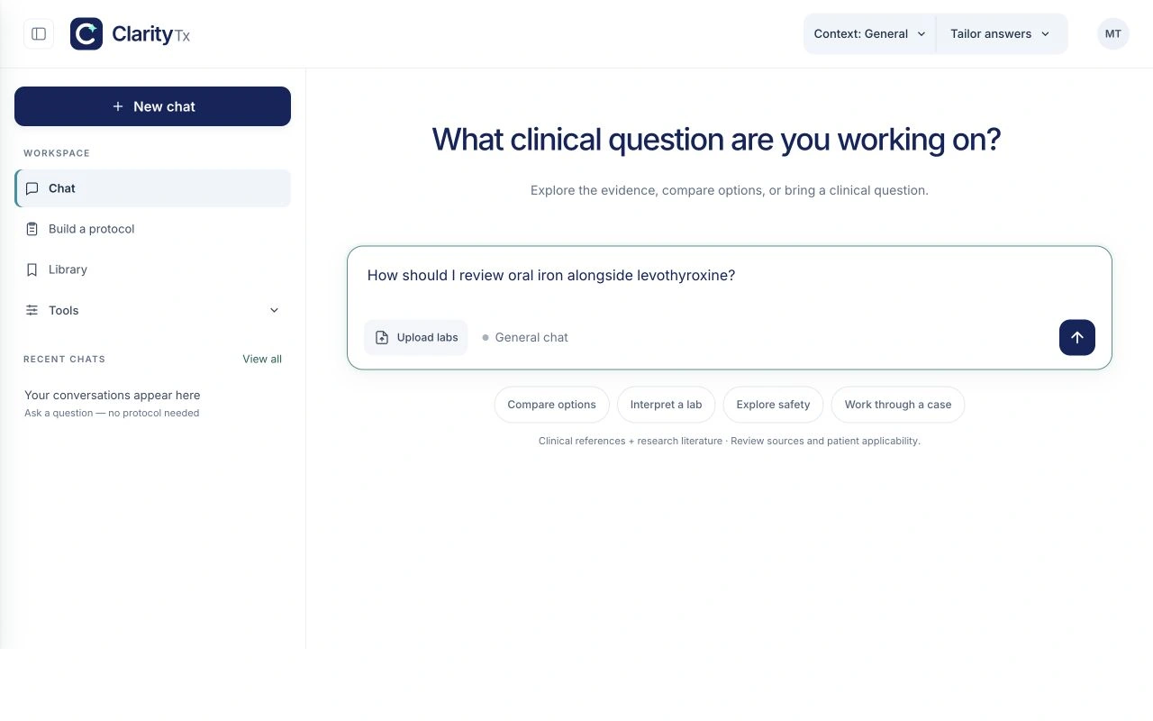 The full Clarity clinical workspace, with a question composer, answer preferences, and ways to explore a case.